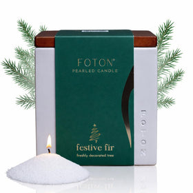 Foton Pearled Candle Le Cube in concrete vase emitting Festive Fir scent for cozy spaces.
