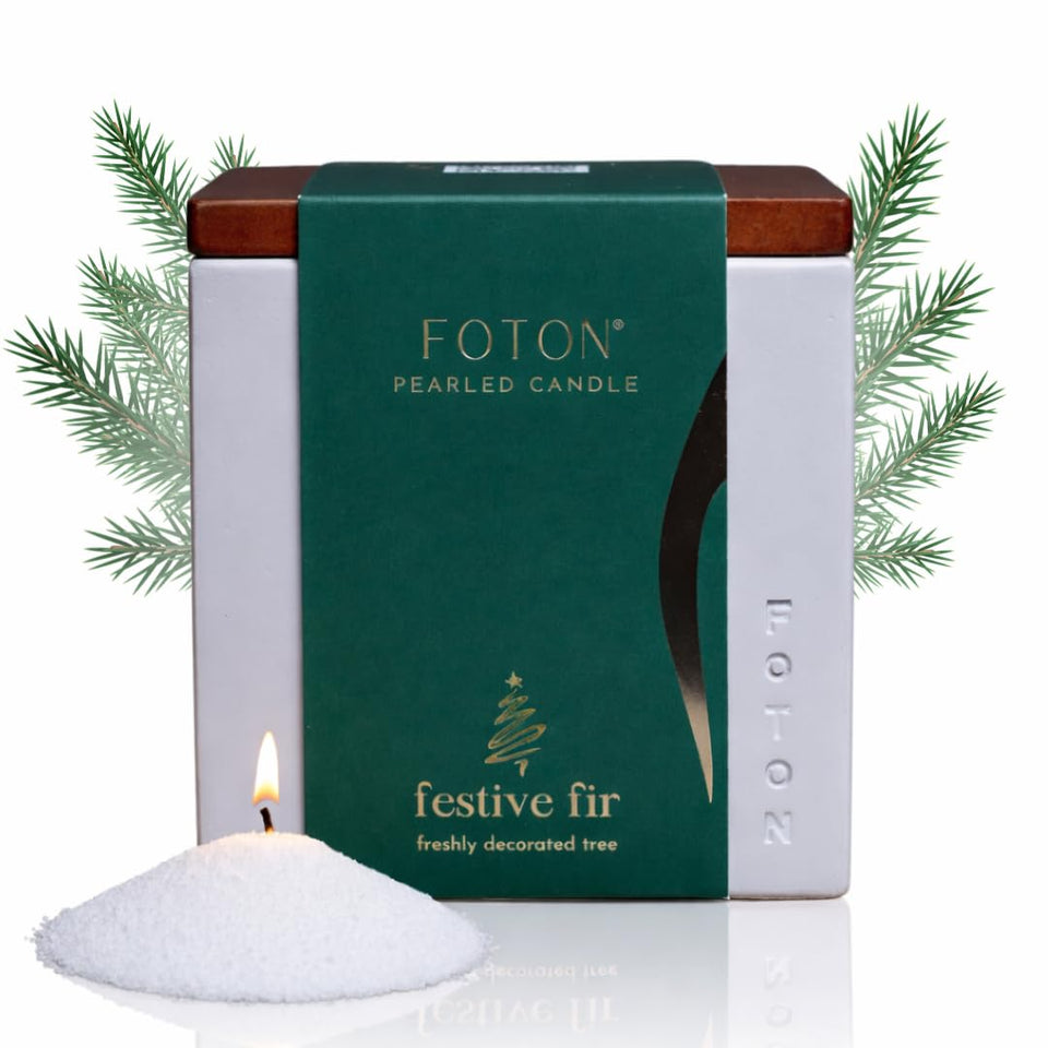 Foton Pearled Candle Le Cube in concrete vase emitting Festive Fir scent for cozy spaces.