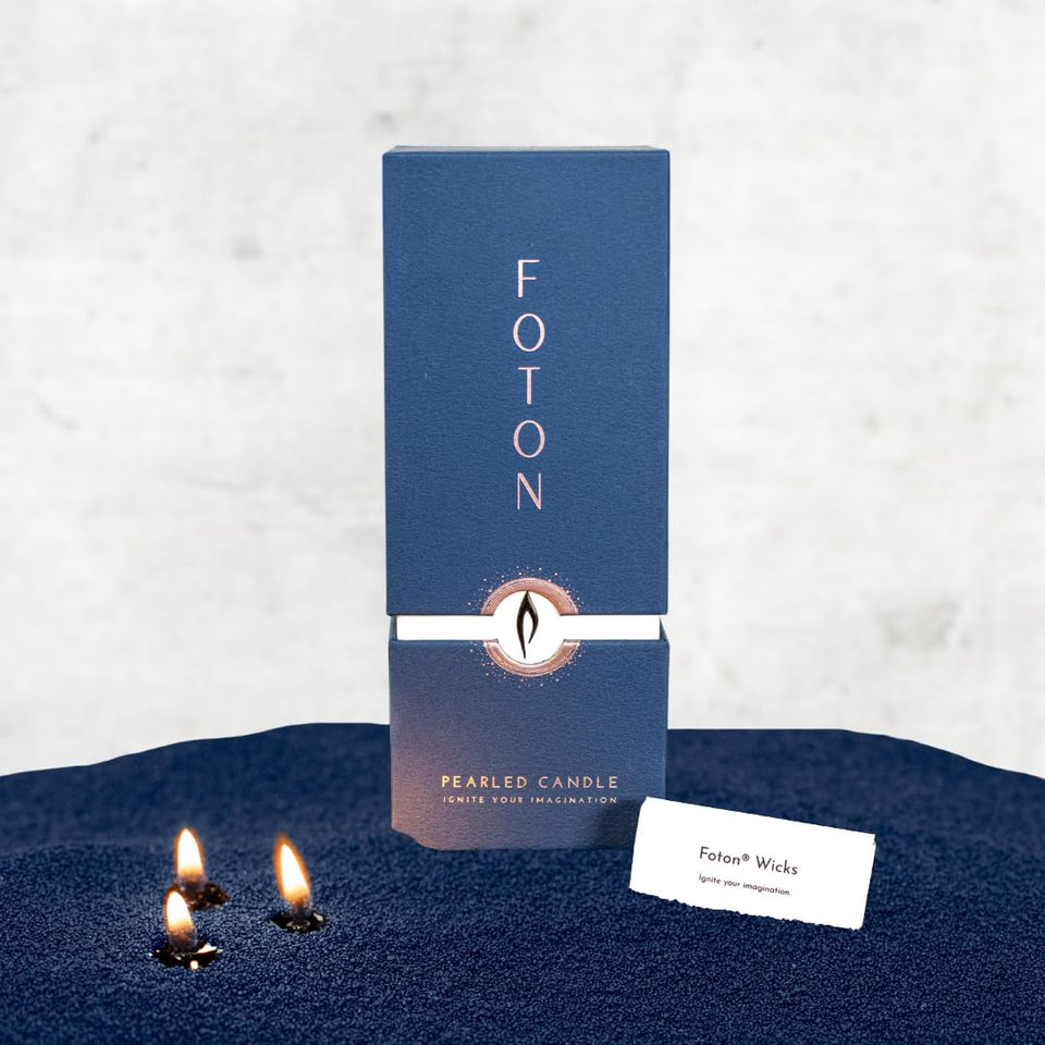 Foton Pearled Candle Navy Blue unscented glow for minimalist interiors.