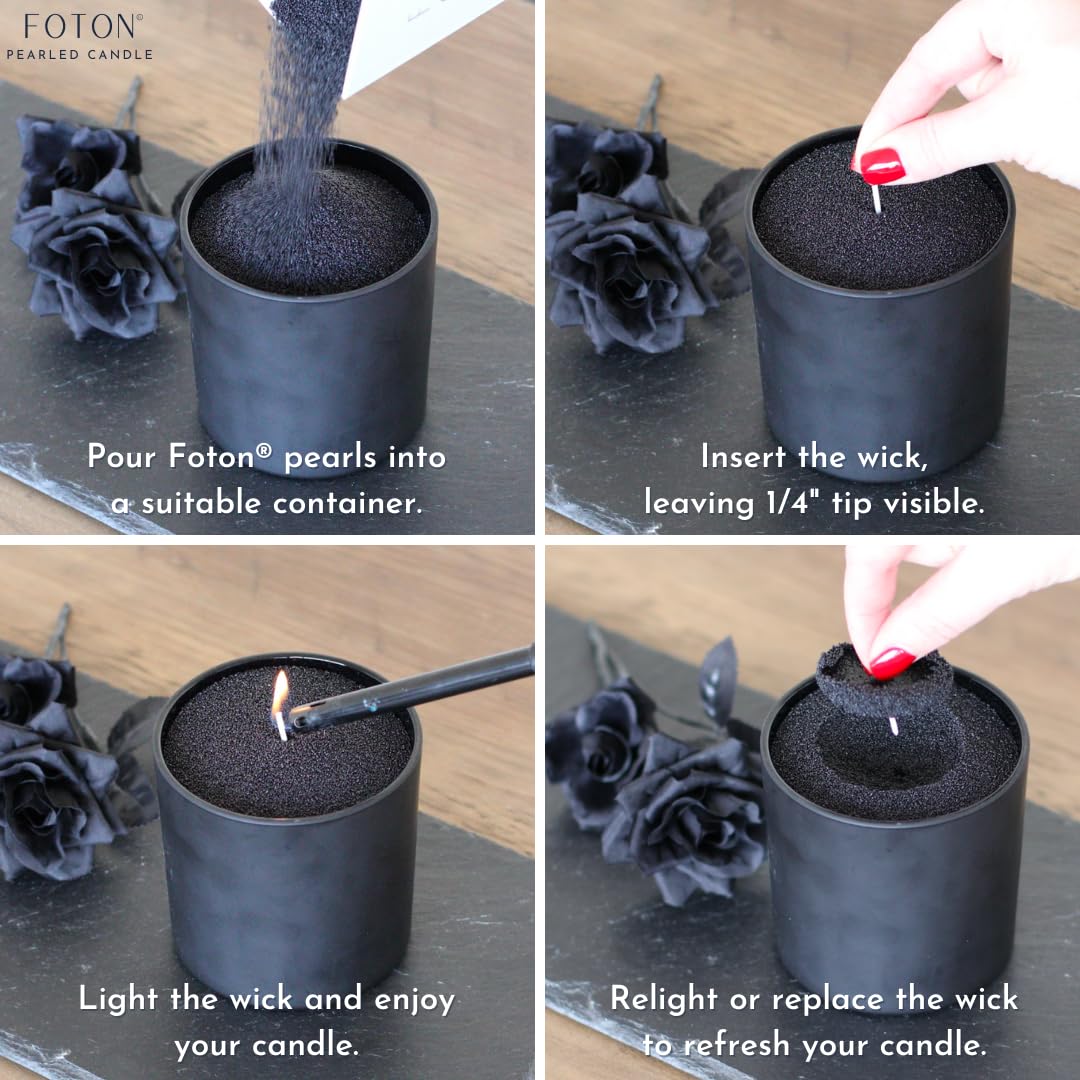 Foton pearled candle up to 120 hours of gentle, long-lasting flame.