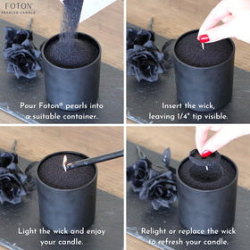 Foton pearled candle up to 120 hours of gentle, long-lasting flame.