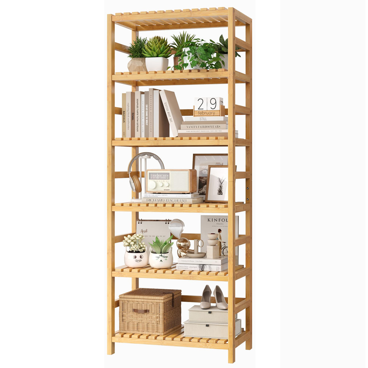FOTOSOK 6-Tier Bamboo Shelf front view showing sturdy storage and natural finish