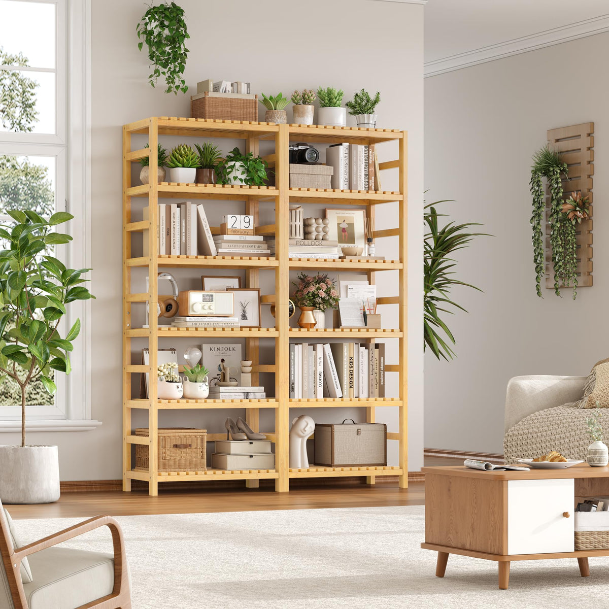 FOTOSOK 6-Tier Bamboo Shelf side view highlighting slim footprint and full-height storage