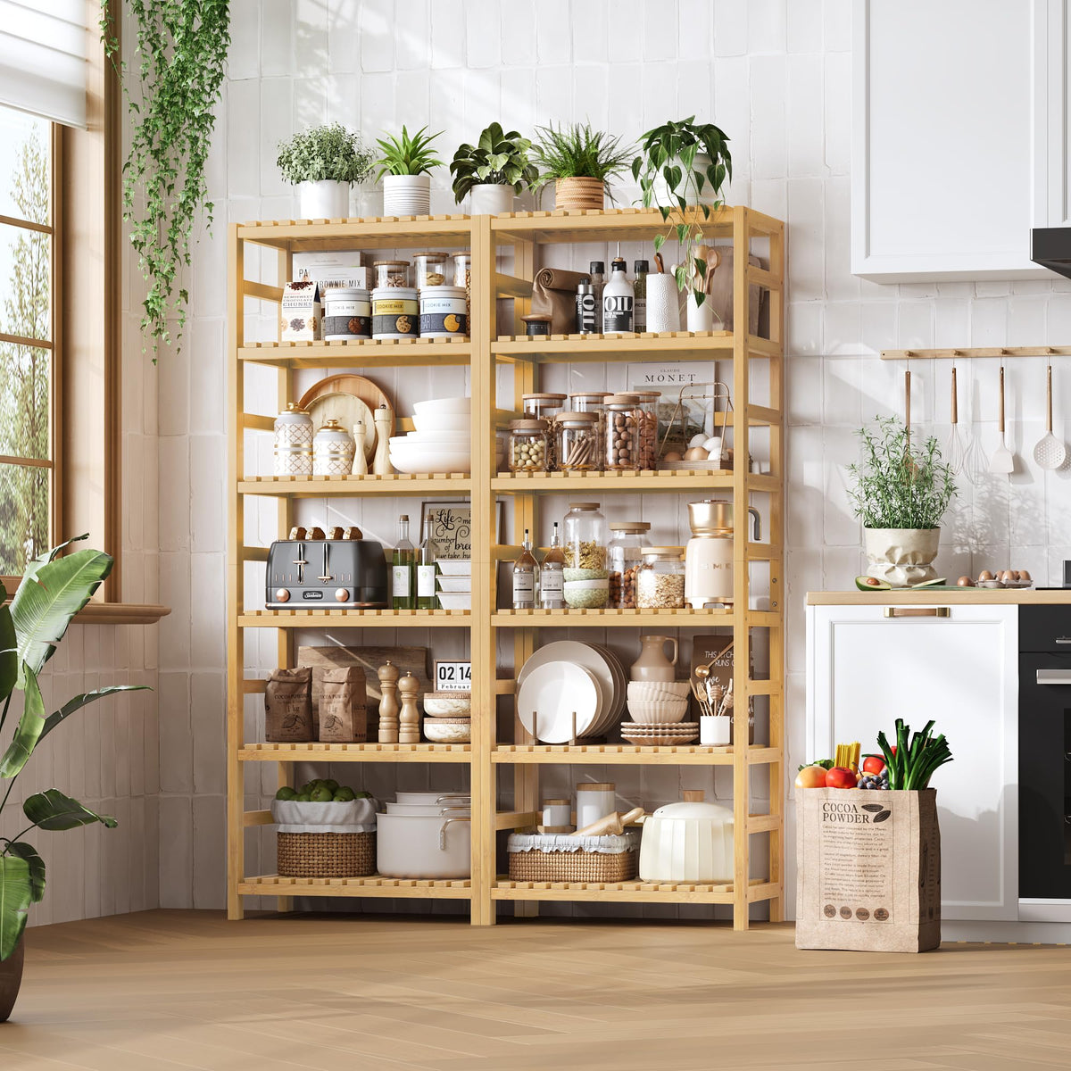 FOTOSOK bamboo shelf in kitchen demonstrates versatile organization for dishes and spices