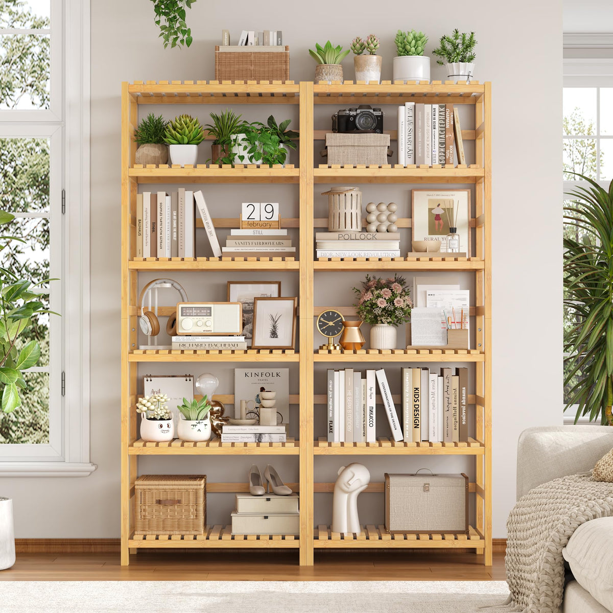 FOTOSOK bamboo shelf in living room showcases display of books and decor