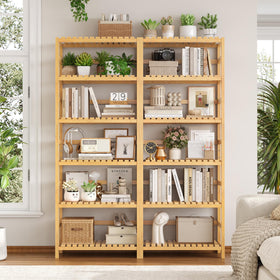 FOTOSOK bamboo shelf in living room showcases display of books and decor