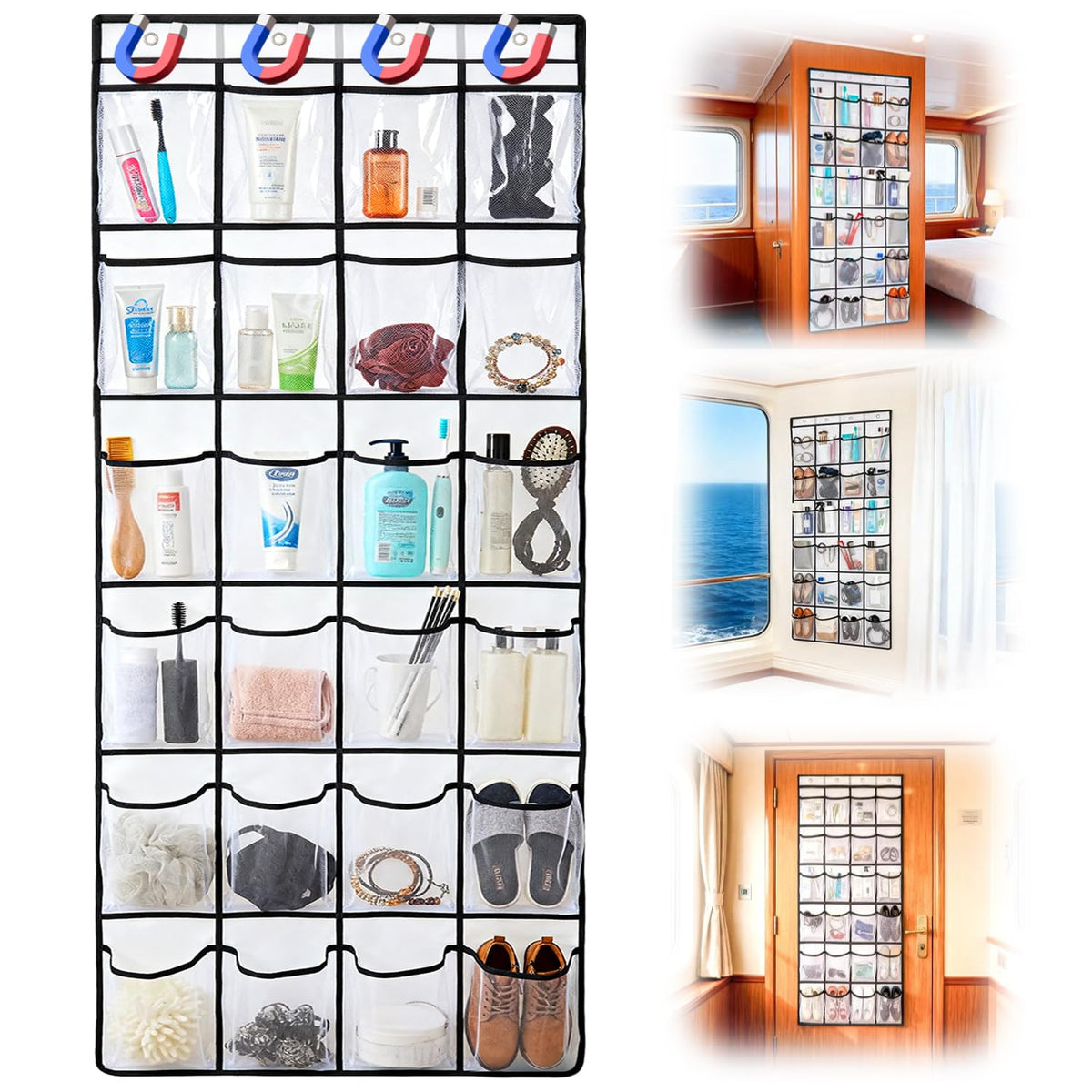 FOTSHARER cruise door organizer with 24 pockets on a metal cabin door for organized essentials
