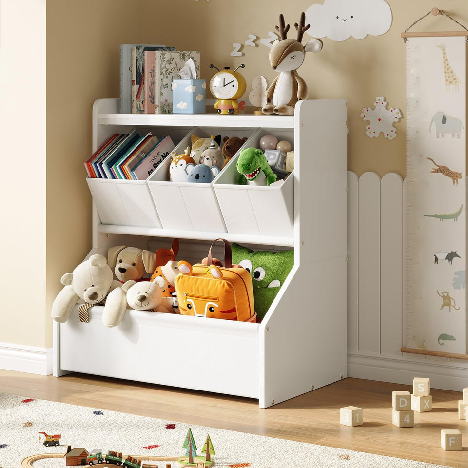 FOUCSSOMEI top-shelf toy storage for kids keeps books easy to reach.