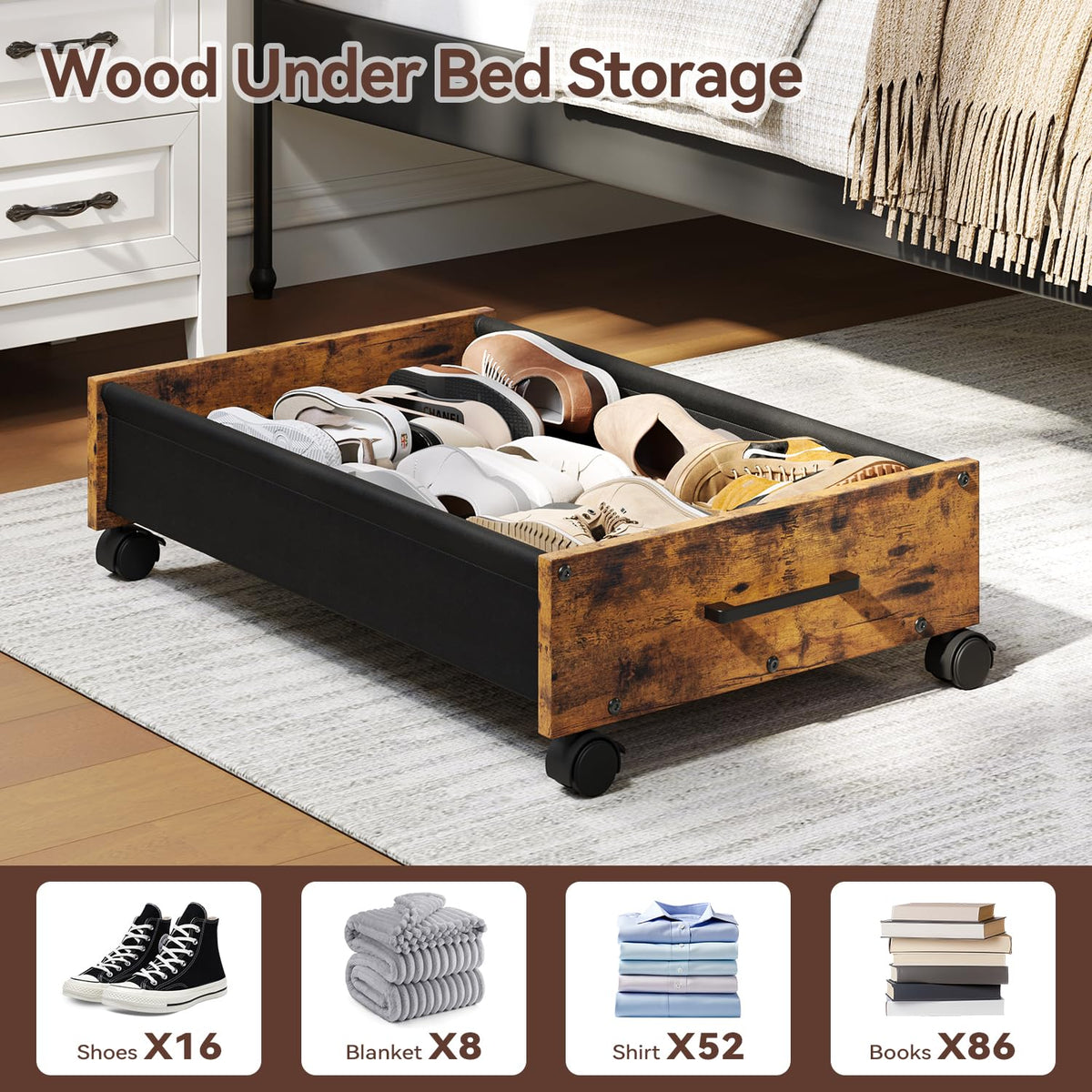 FOUCSSOMEI wooden-panel under-bed drawers demonstrate smooth gliding on a hard floor