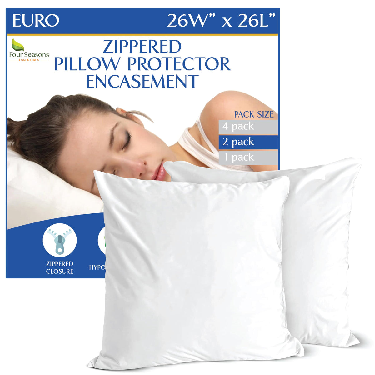 Four Seasons Essentials euro size pillow protector keeps your 26x26 pillow clean and dry.
