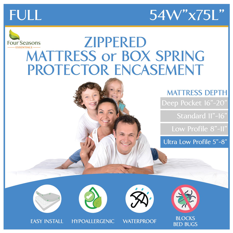 Four Seasons Essentials full-size mattress encasement provides full coverage and quiet protection.
