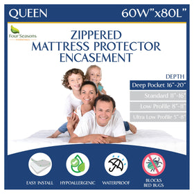 Four Seasons Essentials queen mattress protector with waterproof cover blocks spills.