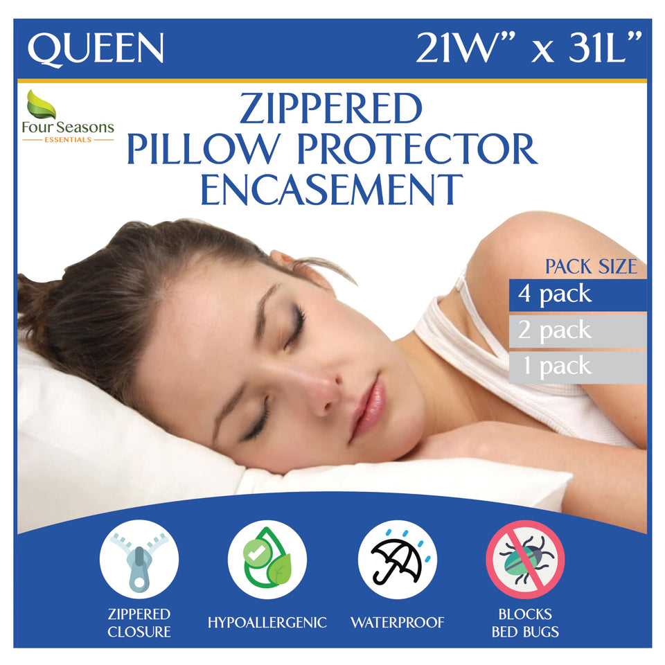Four Seasons Essentials queen pillow protector with zippered waterproof layer protects against spills.