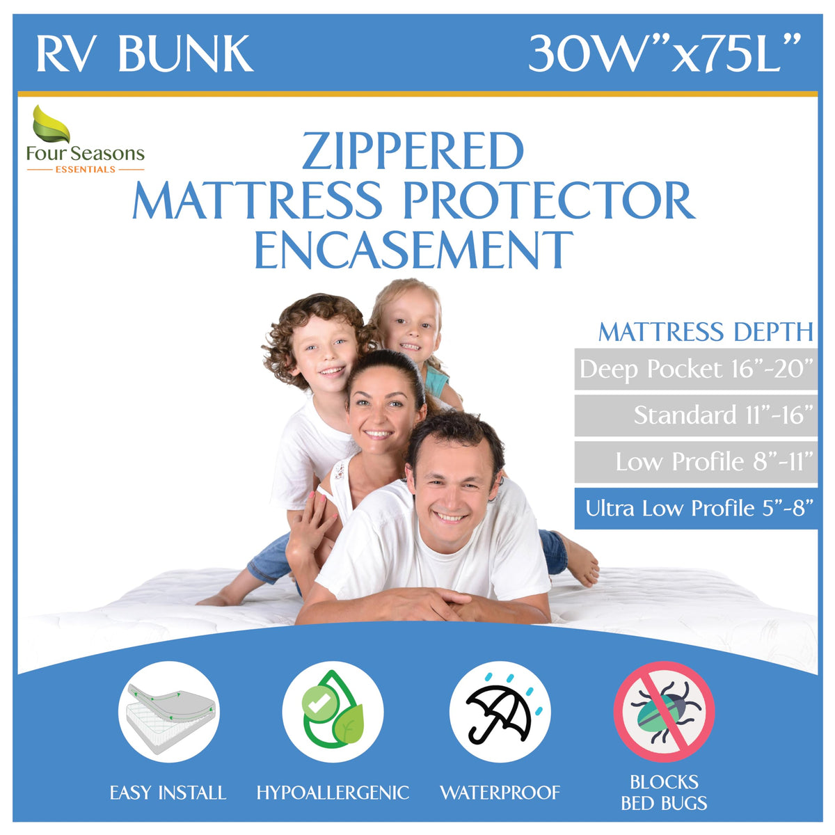 Four Seasons Essentials RV bunk encasement front view protects mattress from spills and dust