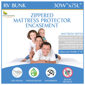 Four Seasons Essentials RV bunk encasement front view protects mattress from spills and dust