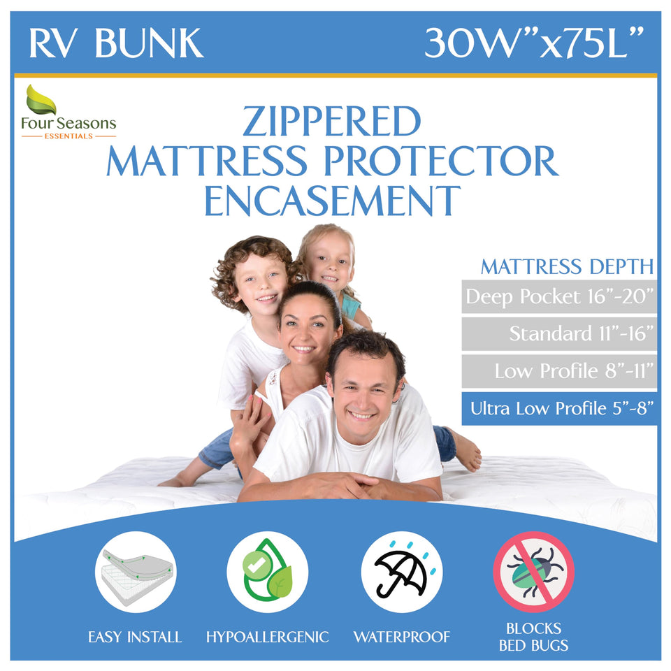 Four Seasons Essentials RV bunk encasement front view protects mattress from spills and dust