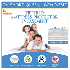 Four Seasons Essentials RV Short Queen encasement with six sided zipper protects from spills