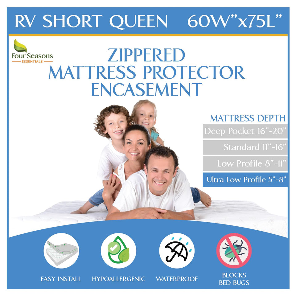 Four Seasons Essentials RV Short Queen encasement with six sided zipper protects from spills