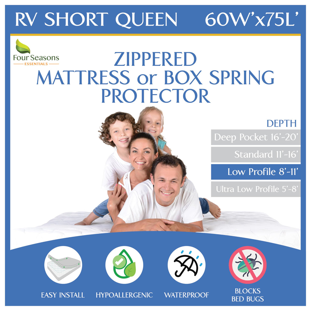 Four Seasons Essentials RV short queen mattress protector encasement guards against spills and dust.