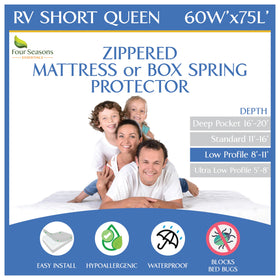 Four Seasons Essentials RV short queen mattress protector encasement guards against spills and dust.