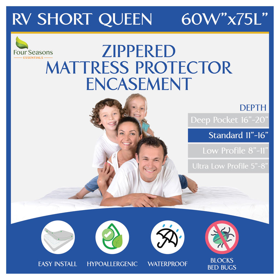 Four Seasons Essentials RV short queen zippered encasement guards the mattress against bedbugs and spills.
