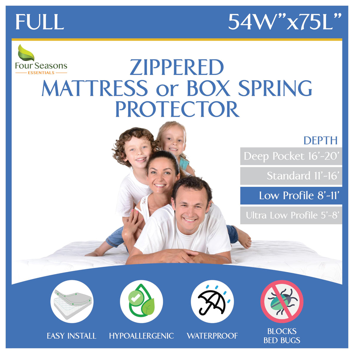 Four Seasons Essentials six-sided zipper encasement protects the mattress from spills and contaminants.