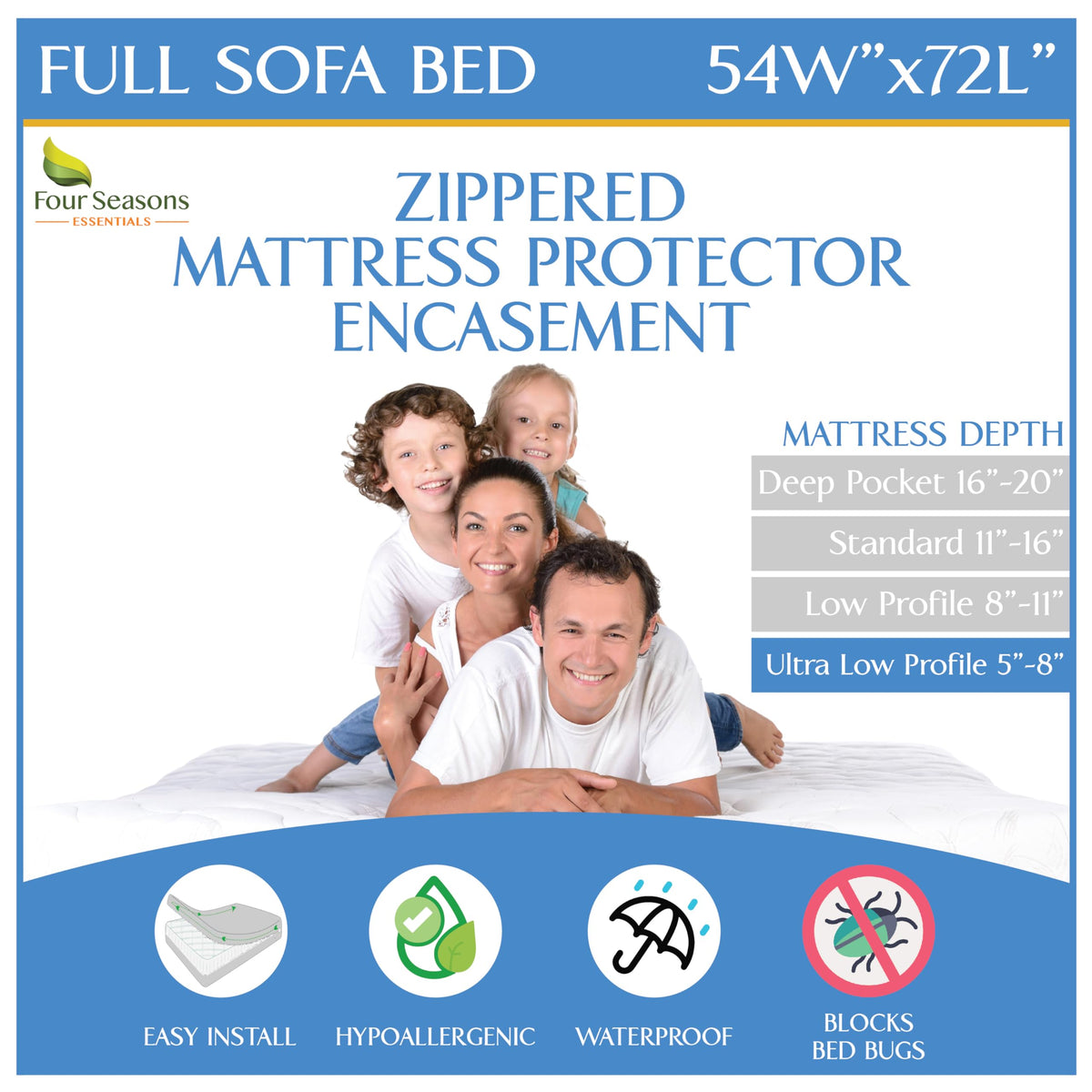 Four Seasons Essentials six-sided zipper encasement blocks dust and allergens while you sleep.