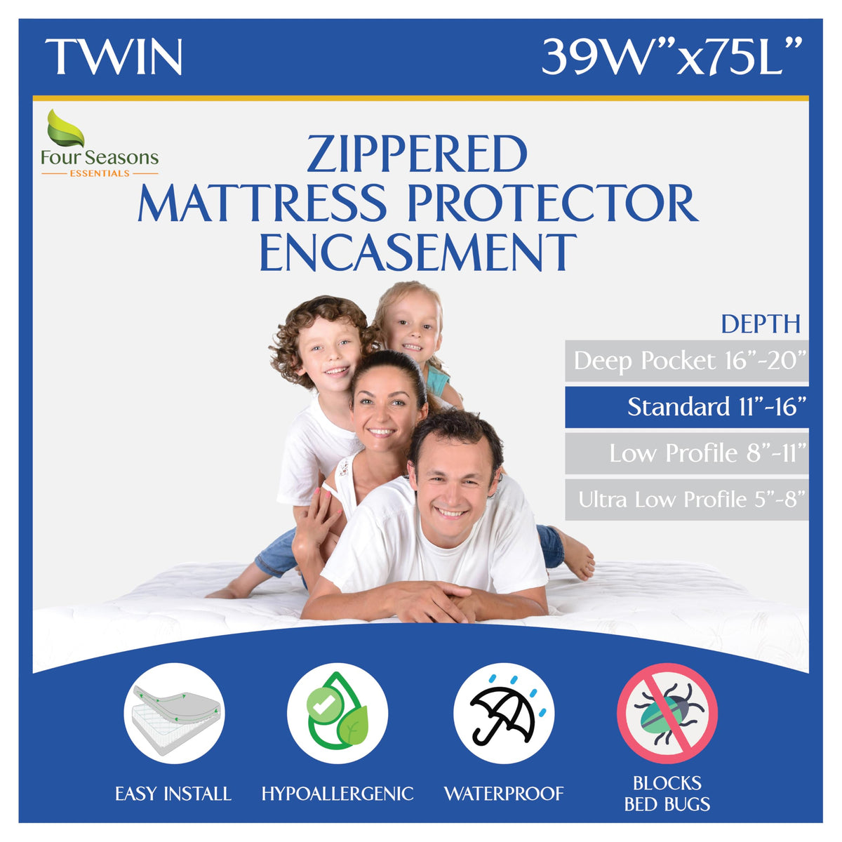 Four Seasons Essentials twin bed bug protector with sealed zipper for complete encasement against bed bugs.