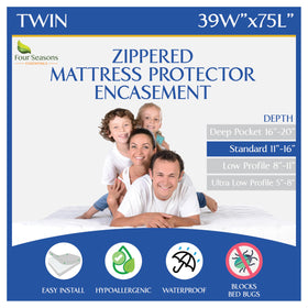 Four Seasons Essentials twin bed bug protector with sealed zipper for complete encasement against bed bugs.