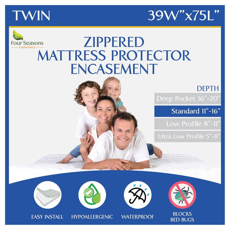 Four Seasons Essentials twin bed bug protector with sealed zipper for complete encasement against bed bugs.