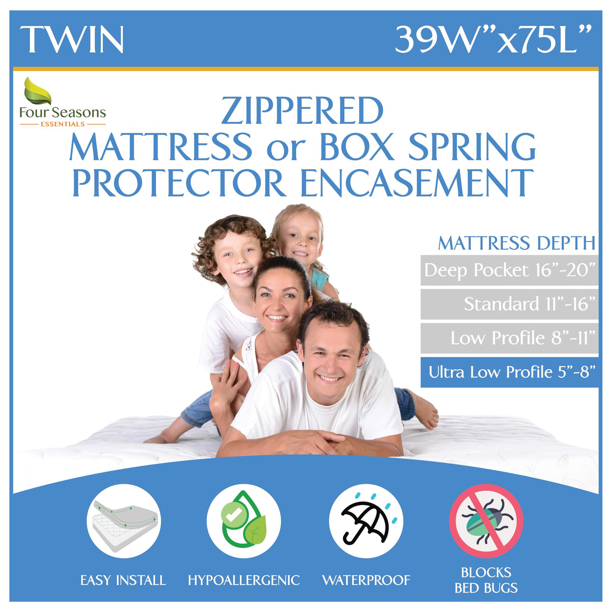 Four Seasons Essentials twin-size mattress encasement with zipper protects against dust and allergens