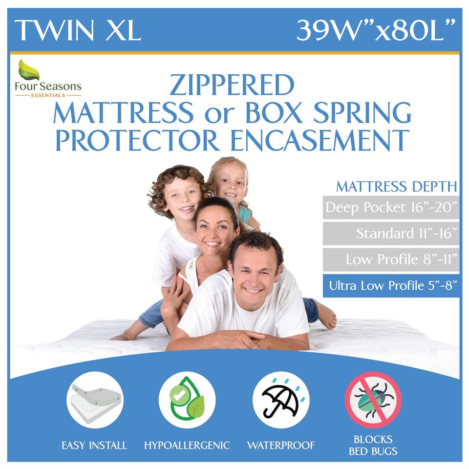 Four Seasons Essentials Twin XL encasement with six-sided zipper protects against dust and allergens