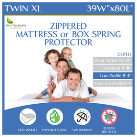Four Seasons Essentials Twin XL mattress protector with six sided zipper encasement protecting against spills and pests