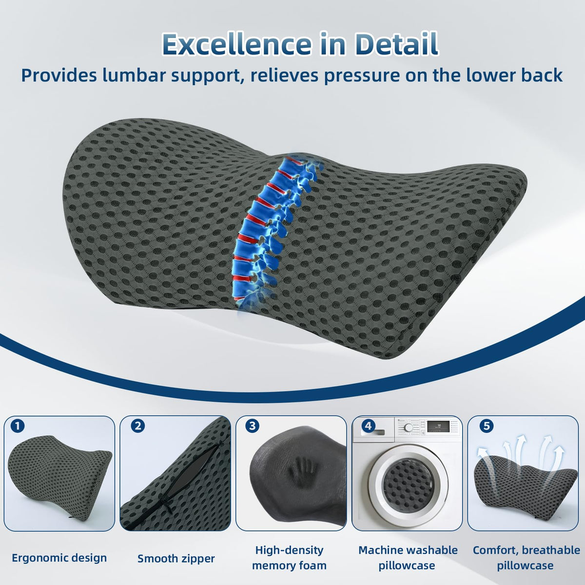 FOUSUPDT lumbar pillow in car seat demonstrates travel-friendly support.