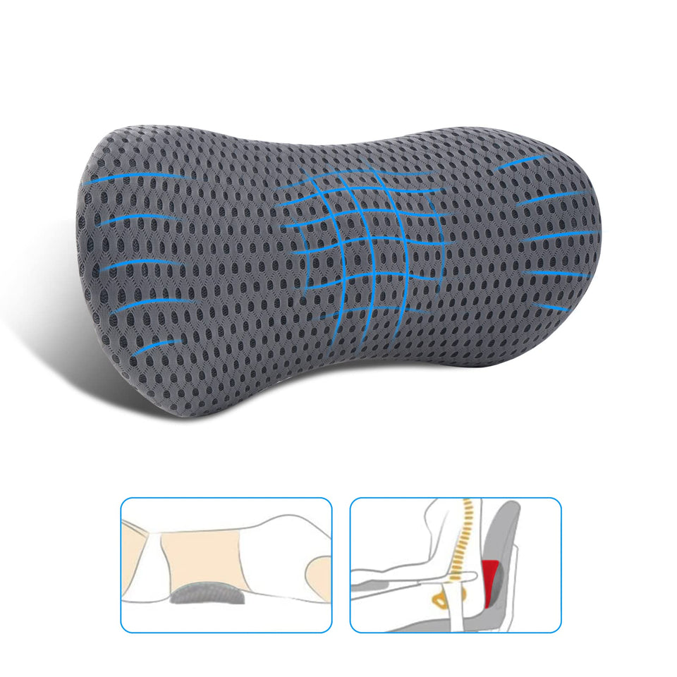 FOUSUPDT lumbar pillow on an office chair providing targeted back support for long work sessions.