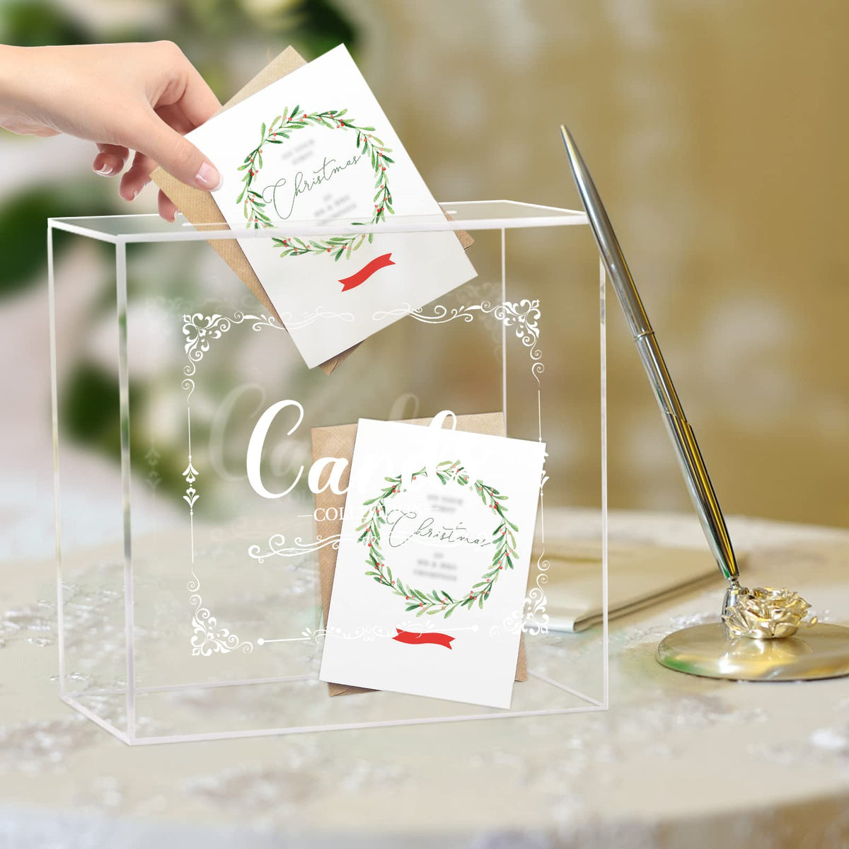 Fowecelt clear acrylic wedding card box filled with cards; ready to display.