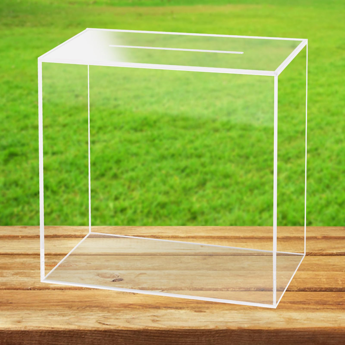 Fowecelt clear acrylic wedding card box top view; elegant display for guest cards.