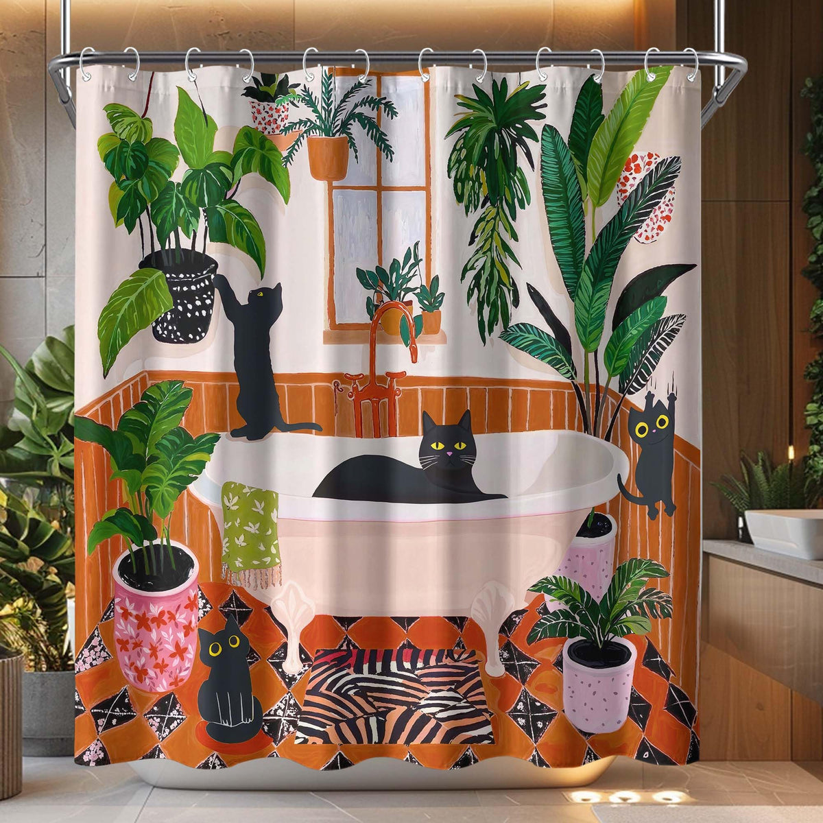 Fowocu cat monster eats shark shower curtain with bold visual drama