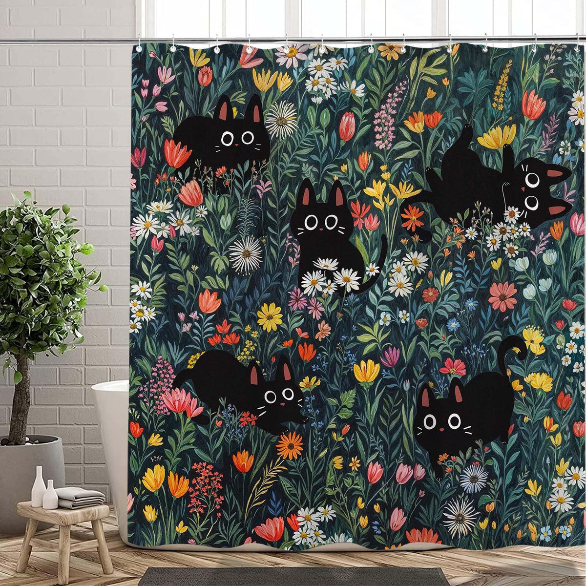 Fowocu cat shower curtain features black-cat-pattern for playful daily routines