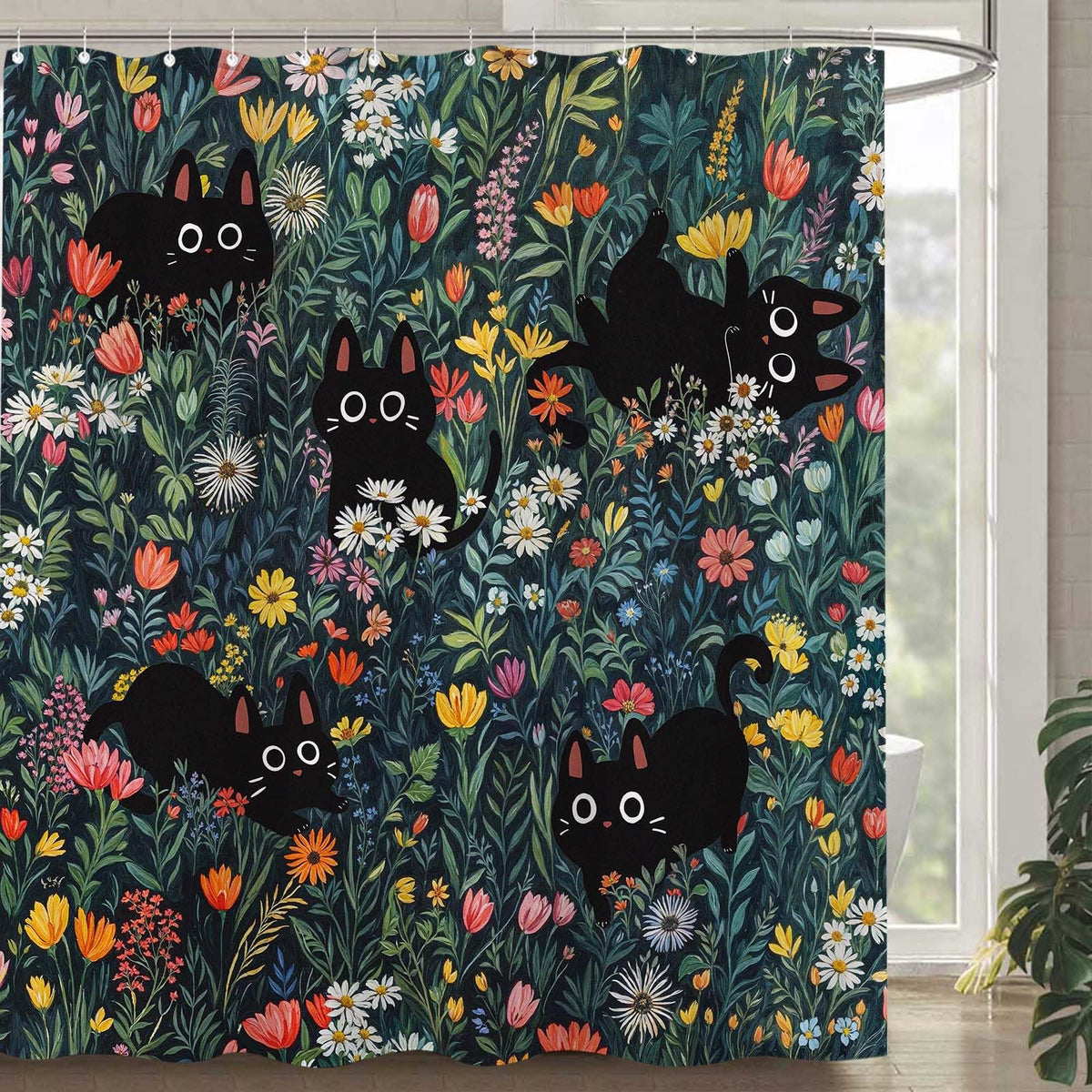 Fowocu cat shower curtain with daisy meadow design for bright, whimsical baths