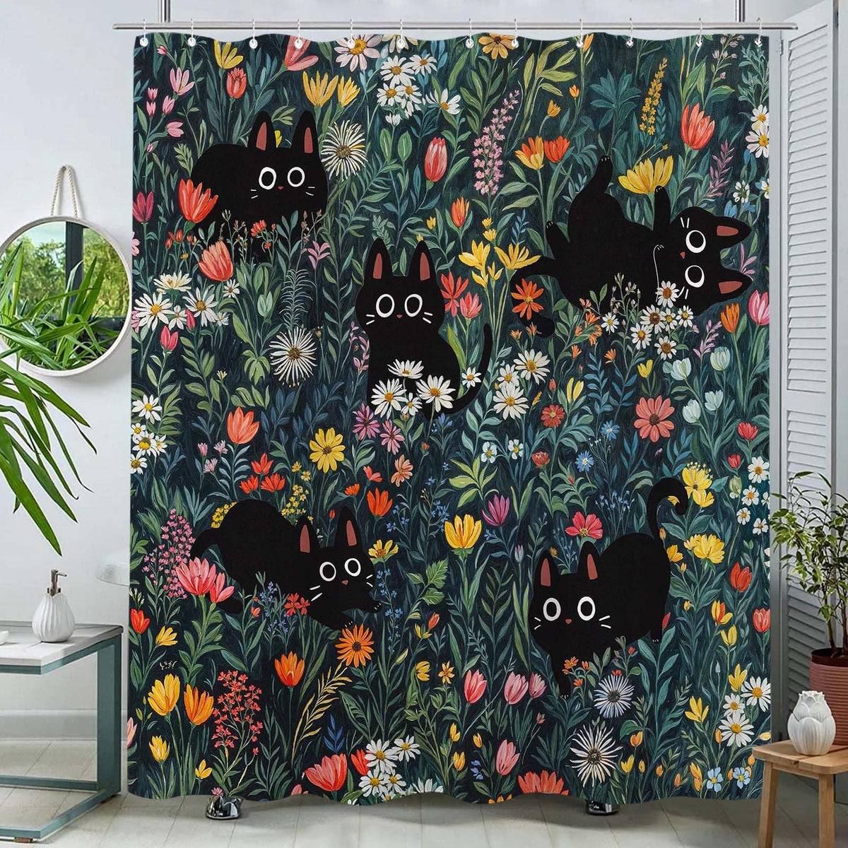 Fowocu cat shower curtain with sunflowers adds cheerful, nature-inspired style