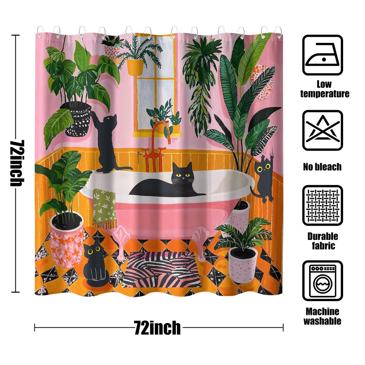 Fowocu curtain featuring black cats in a retro Matisse-inspired bathroom for chic whimsy