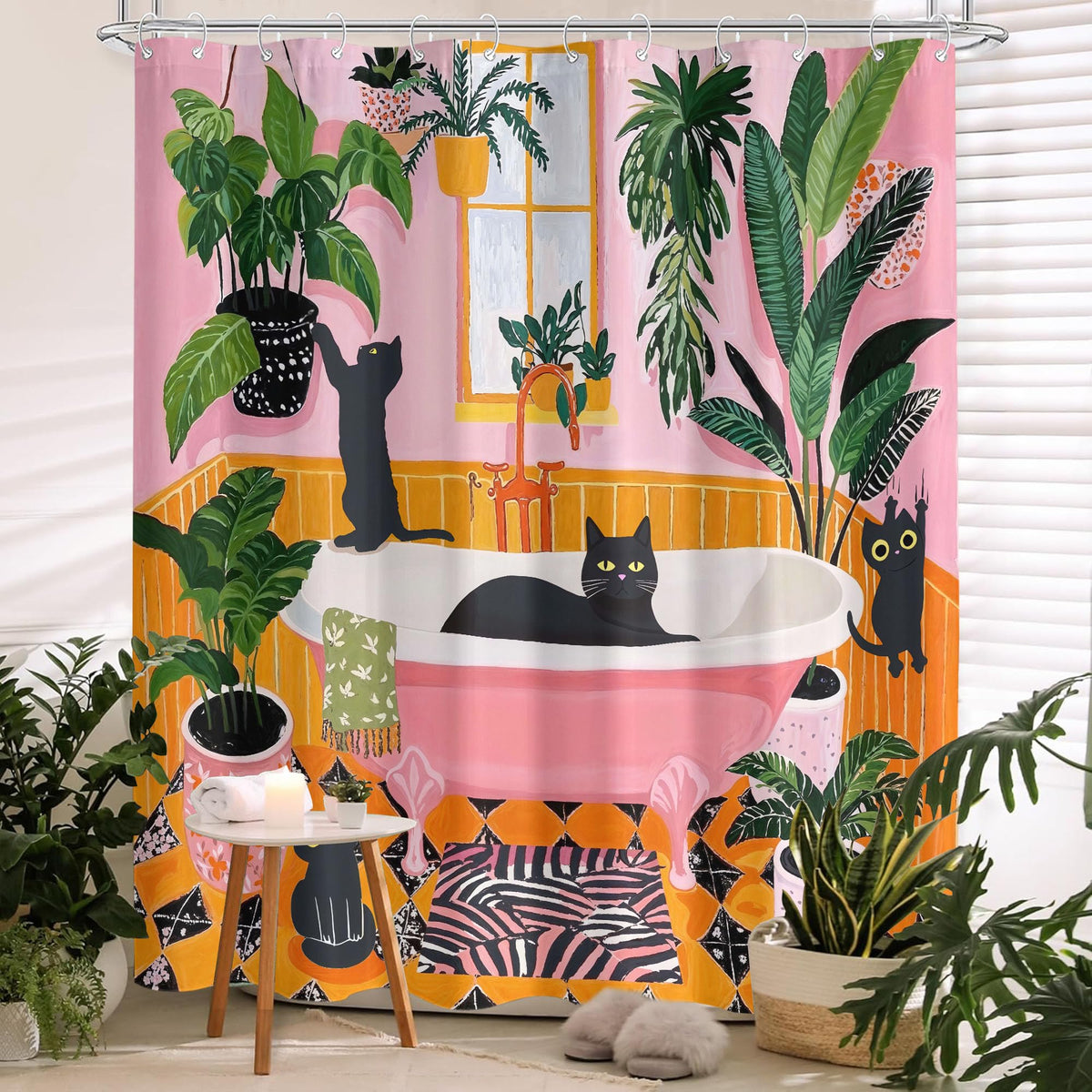 Brave scuba-cat and shark scene on a Fowocu curtain creates an adventurous bathroom vibe