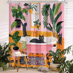 Brave scuba-cat and shark scene on a Fowocu curtain creates an adventurous bathroom vibe