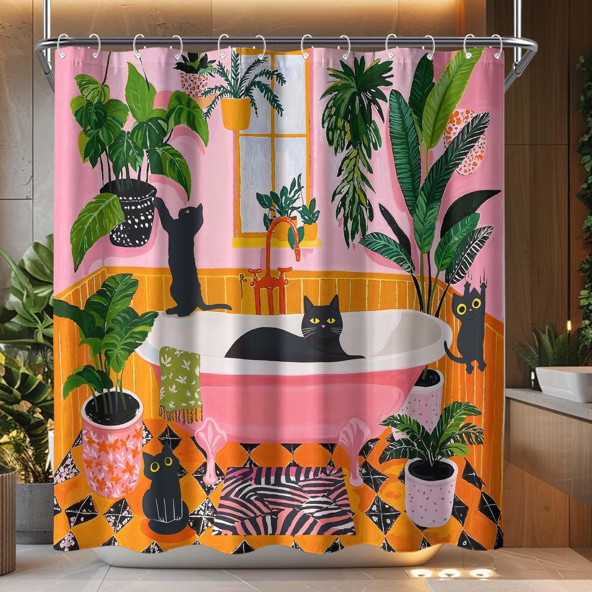Fowocu Funny Cat Shower Curtain with cat kaiju capturing a shark, adding bold drama