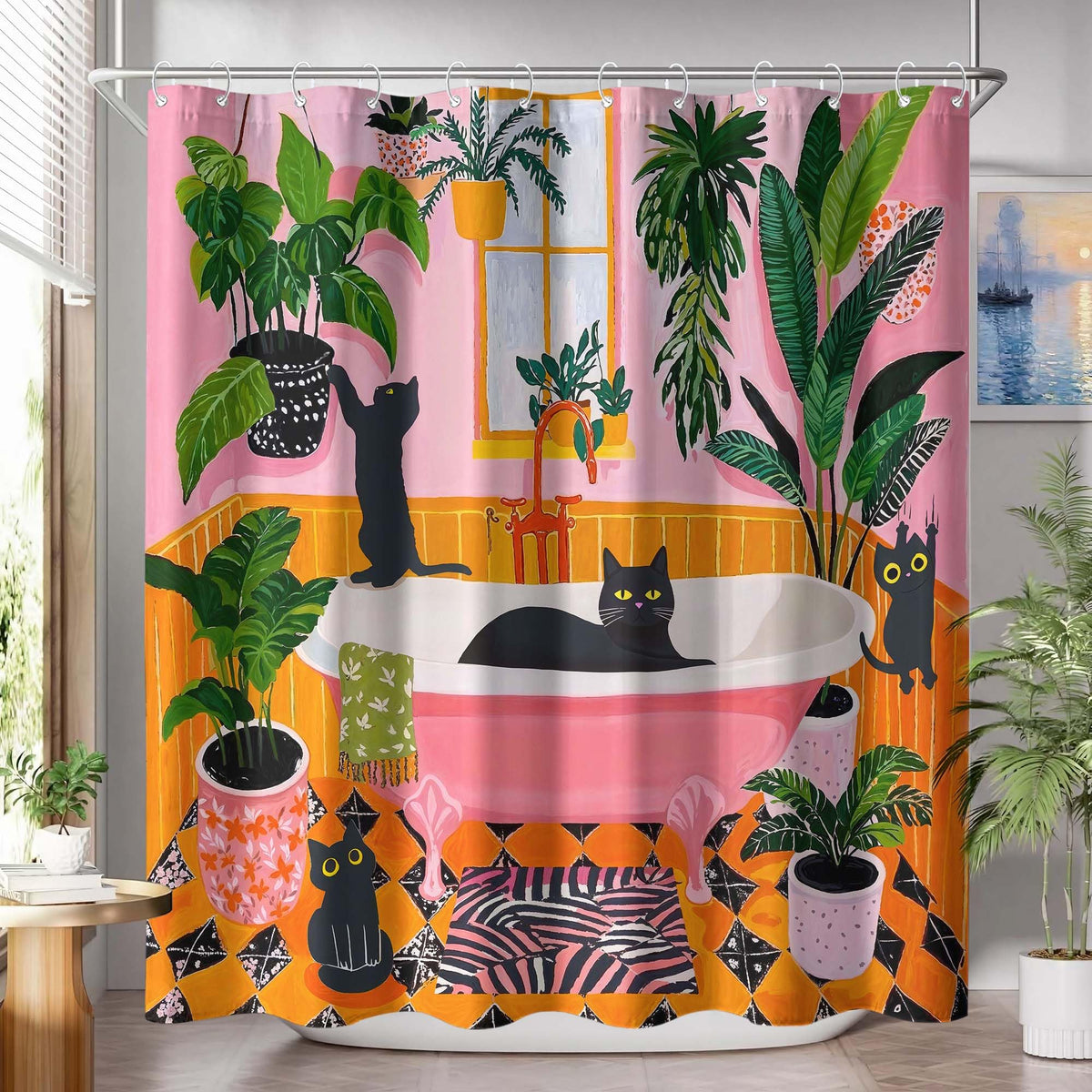 Close-up of vivid prints on a Fowocu curtain showing waterproof fabric detail