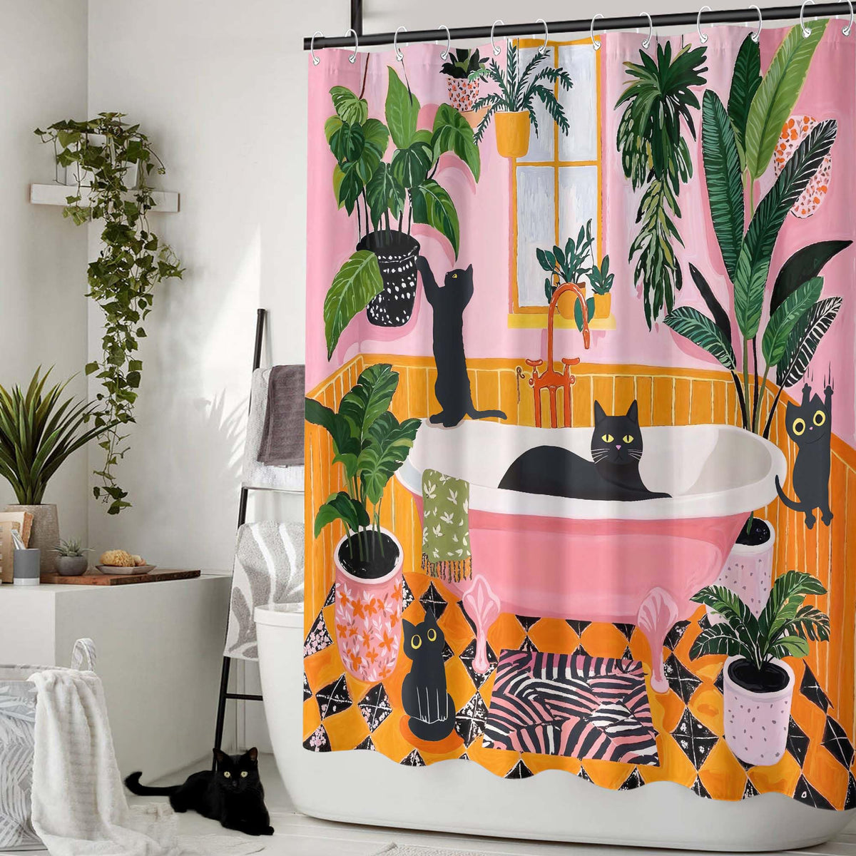 Dinosaurs share a bubble bath with a cat on the Fowocu curtain for playful charm