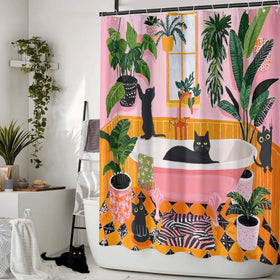 Dinosaurs share a bubble bath with a cat on the Fowocu curtain for playful charm