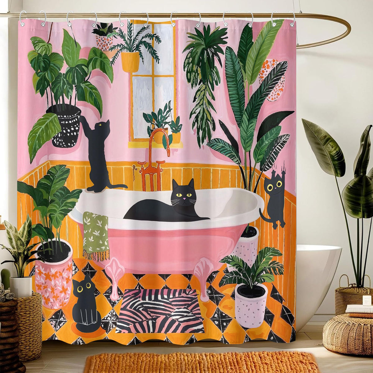 Diving cat against a shark scene on a Fowocu curtain adds vibrant coral reef drama