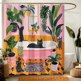 Diving cat against a shark scene on a Fowocu curtain adds vibrant coral reef drama